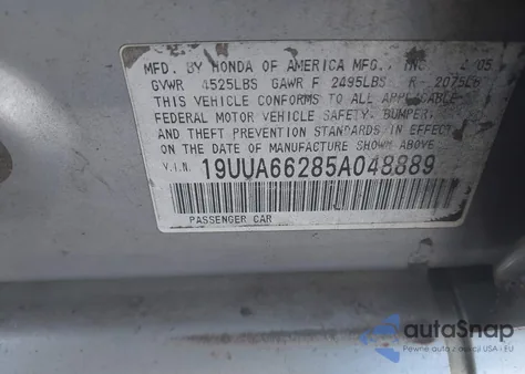 2005 Acura Tl z USA, uszkodzony, nr VIN 19UUA66285A048889